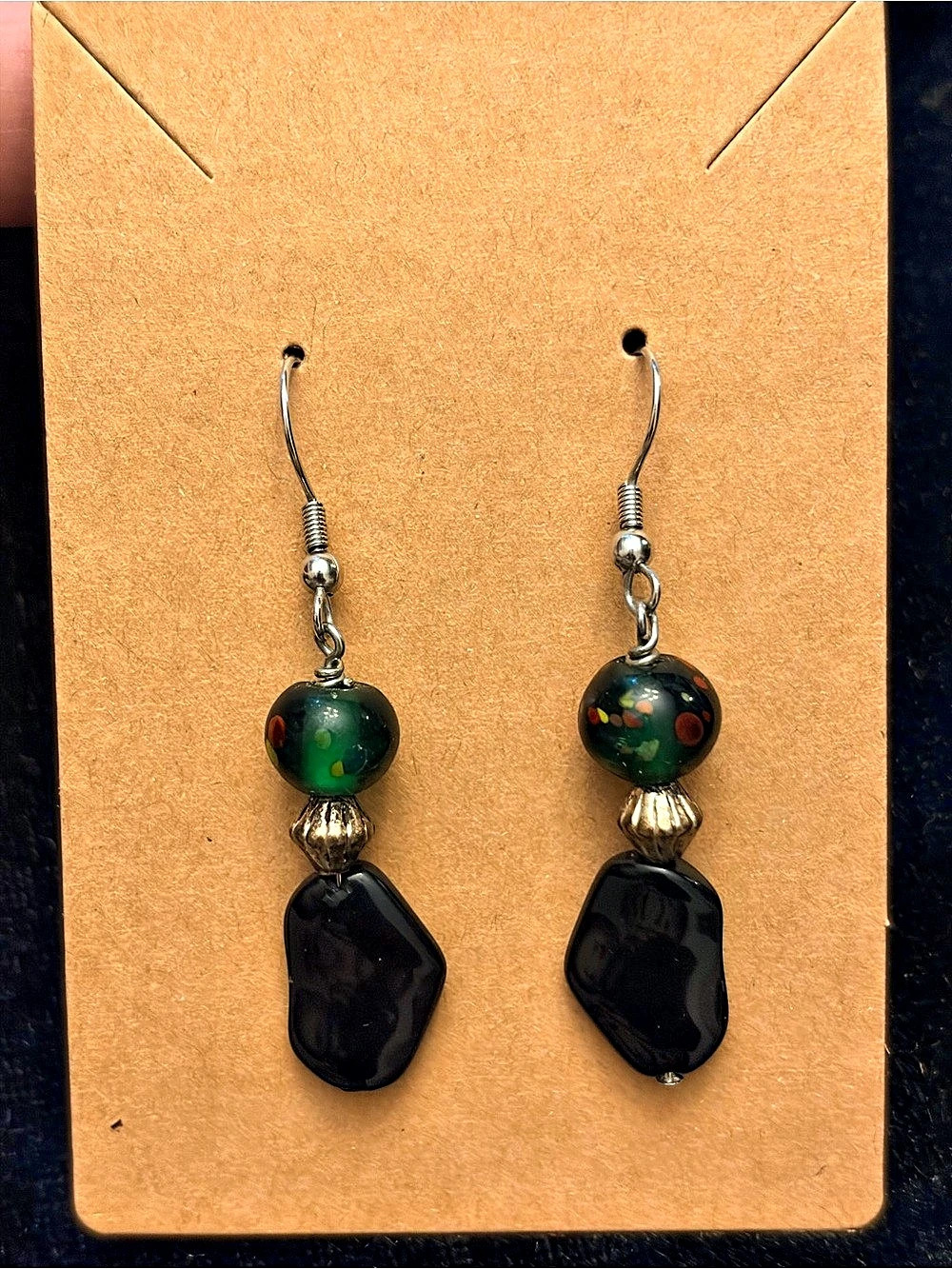 Beaded Dangle Earrings in Black & Green